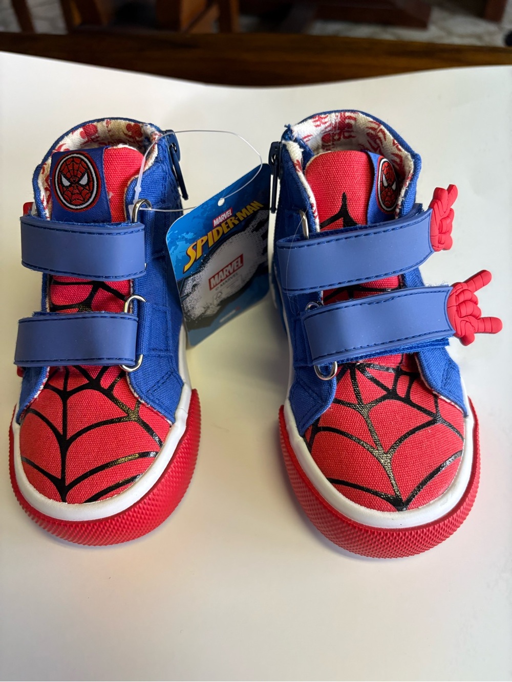NWT-Spiderman Kids Red and Blue Velcro High-Top Sneakers with Web Design